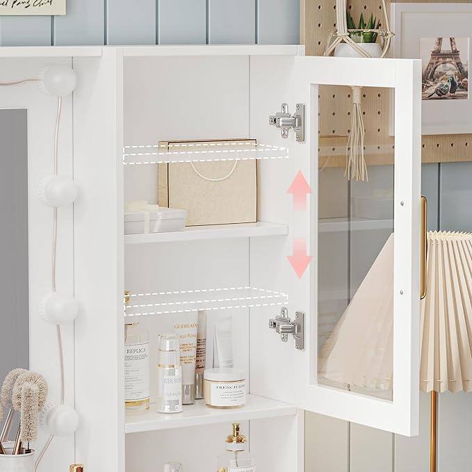 Makeup Vanity with Lights & Charging Station, White Vanity Table with 5 Drawers & Open Storage Shelves ， Bedroom Makeup Dressing Table Set for Women Girls