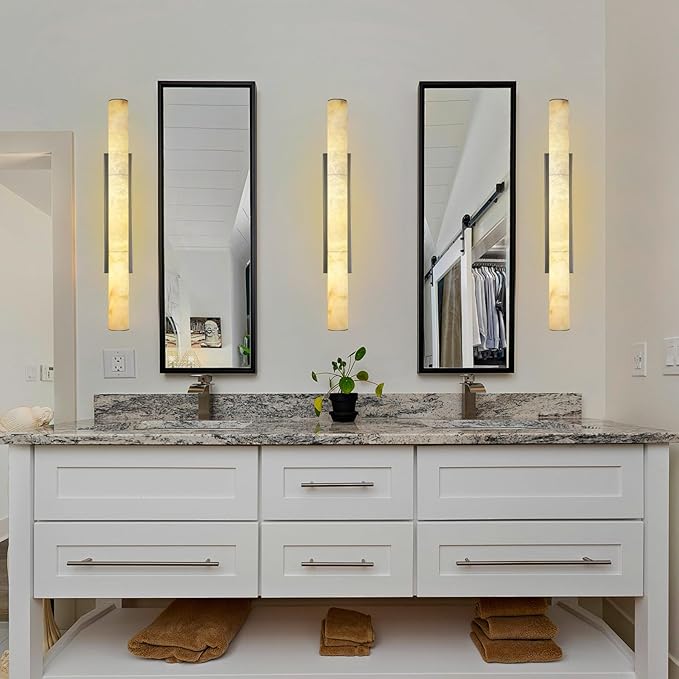 Alabaster Wall Sconces, 36" Large Bronze Wall Sconce, Modern Sconces Wall Lighting, Spanish Natural Marble Wall Sconce Light for Living Room, Bedroom, Hallway, Stairs