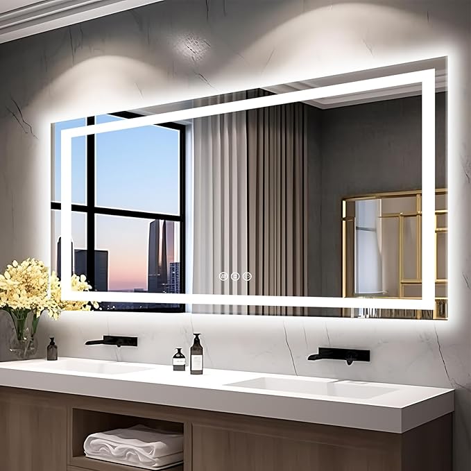 77"x36" Large LED Bathroom Mirror with Front Lit and Backlit, Anti-Fog Lighted Mirror for Wall, Stepless Dimmable Vanity Mirror, 3 Colors Smart Mirror (Horizontal/Vertical)