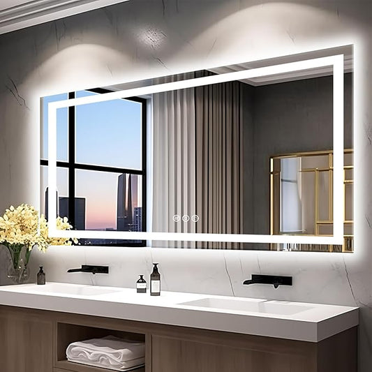 77"x36" Large LED Bathroom Mirror with Front Lit and Backlit, Anti-Fog Lighted Mirror for Wall, Stepless Dimmable Vanity Mirror, 3 Colors Smart Mirror (Horizontal/Vertical)