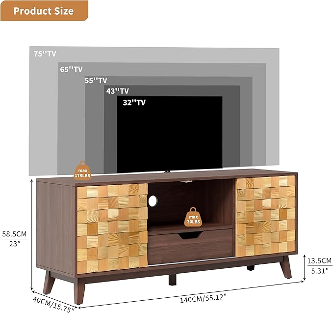 Mid Modern TV Stand with Storage | 55" Wide Walnut Wood Console Cabinet | Entertainment Center w/Adjustable Shelves | Solid Wood Legs | Easy Assembly