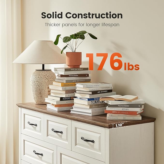 Amada Farmhouse 7 Drawer Dresser for Bedroom, 47.2 Inch Wide Wood Dresser with Natural Texture, Large Drawers, Rustic Farmhouse Chest of Drawers for Bedroom, Living Room, Hallway, Brown & White