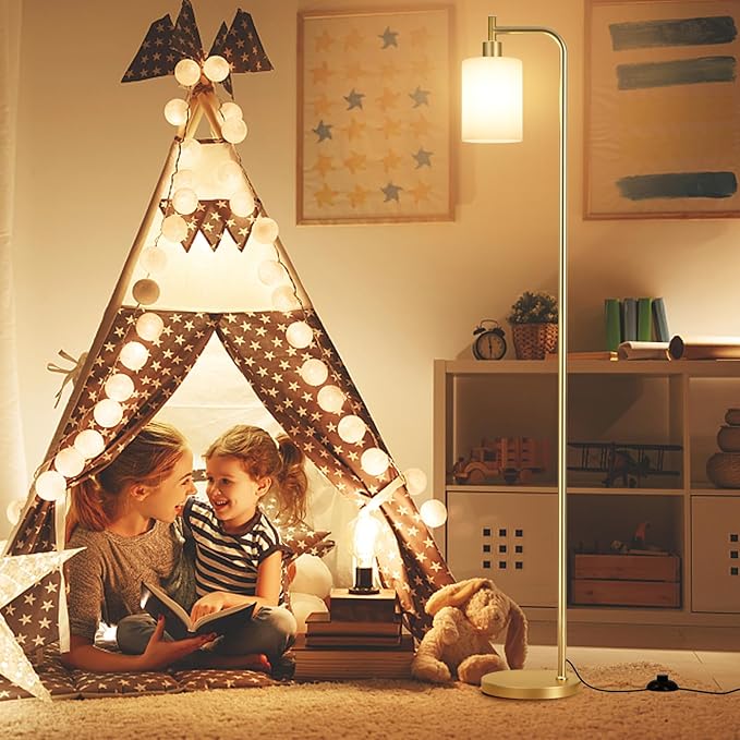 Floor Lamps for Living Room - Industrial Standing Lamp with Frosted White Glass Shade, Modern Gold Floor Lamp with LED Bulbs, Farmhouse Floor Lamp for Bedroom, Tall Lamp for Office - Gold