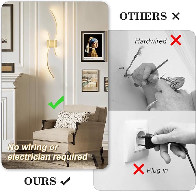 Battery Operated Wall Sconces Set of Two with Remote Control, Stepless Colors 3000K-6000K & Dimming, LED Brass Wireless Wall Light for Living Room, Hallway, Bedroom, 39.3 Inch (2 Pack)