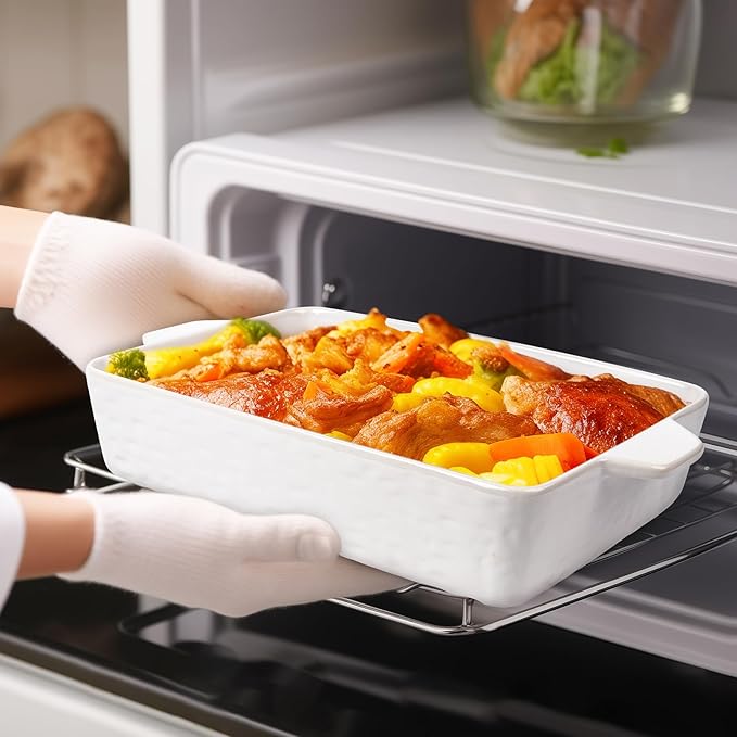 Casserole Dishes for Oven, Ceramic Baking Dishes, Lasagna Pan with Handles, Porcelain Baking Pan Deep, Bakeware for Baking, Cooking, Wedding Gift, Set of 3 (11.6" x 7.8", White)