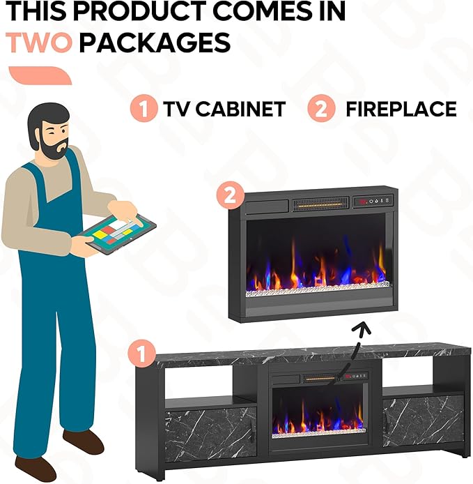 Bestier 70" Electric Fireplace TV Stand for TVs Up to 75", Modern Entertainment Center with Storage Cabinets, LED Lights, Open Shelves and Cable Holes for Living Room, Black Marble