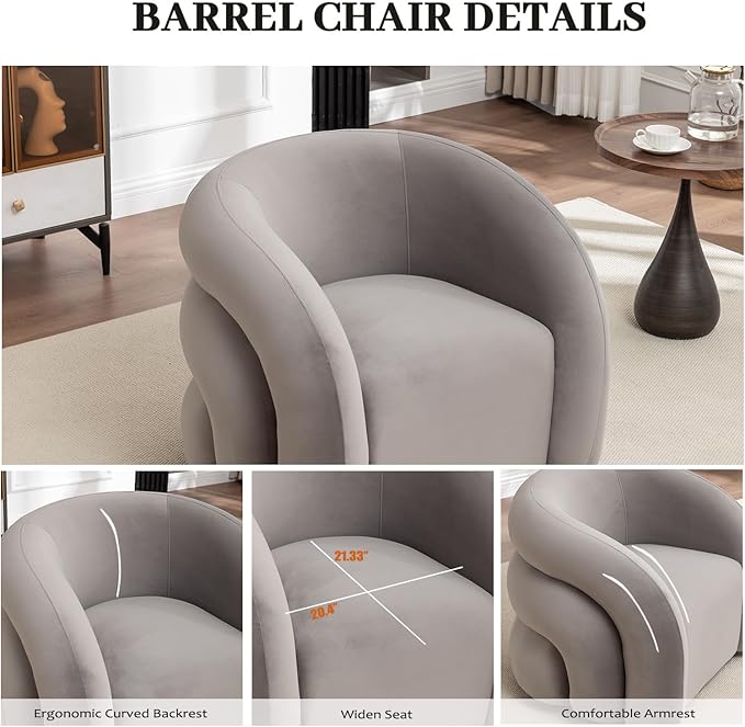 34.6" Velvet Swivel Accent Chair, Modern Round Armchair for Living Room,Upholstered Comfy Sofa Barrel Chairs for Bedroom Reading Apartment Lounge,Fully Assembled(Grey)