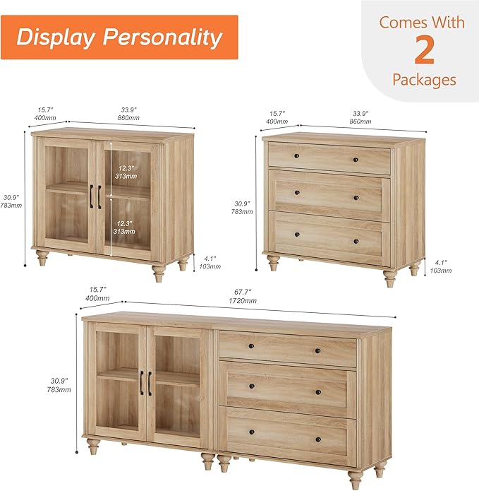 WAMPAT TV Stand for 75 Inch TV, Wood TV Cabinet Entertainment Center Television Stands for Living Room, 2-in-1 Sideboard Buffet Cabinet with Glass Door & Drawer for Kitchen, Oak