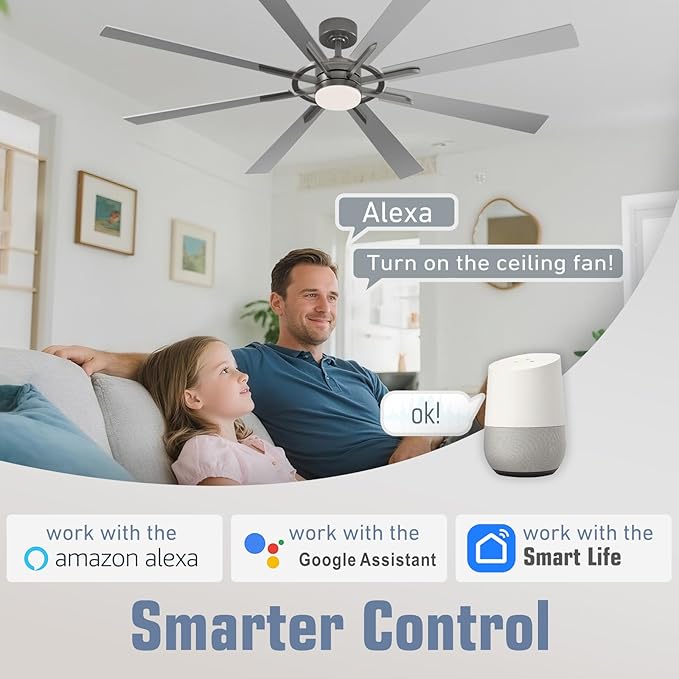 60 Inch Smart Ceiling Fan, Silver Indoor/Outdoor Ceiling Fans with Lights and Remote, Compatible with Alexa/Google/App, 3CCT Dimmable 6 Speeds Timing for Living Room Bedroom Patio