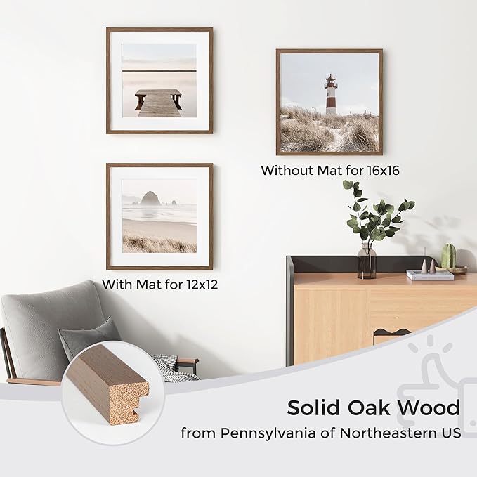 Axeman 16x16 Picture Frame with Mat for 12x12, Solid Oak Wood Square Picture Frame with Tempered Glass, Wooden Square Photo Frame 16''x16'' for Art Photo and Prints, Wall Hook Included, Walnut