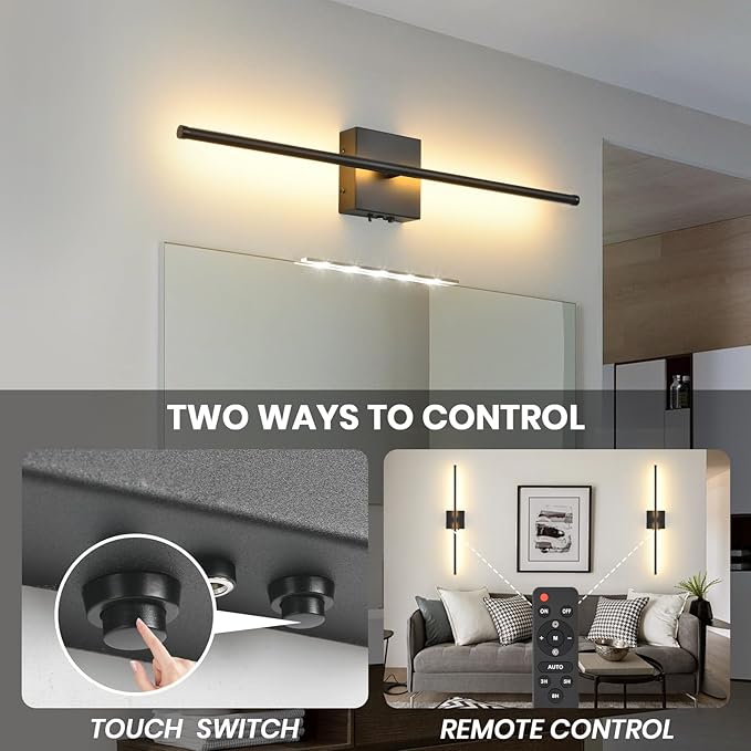 Battery Operated Wall Sconces with Remote Control, 11000mAh LED Wireless Rechargeable Black Wall Lights, 350°Rotate Dimmable Wall Lamp, 3 Color Temperatures, for Bedroom, Living Room, Hallway, 1 PCS