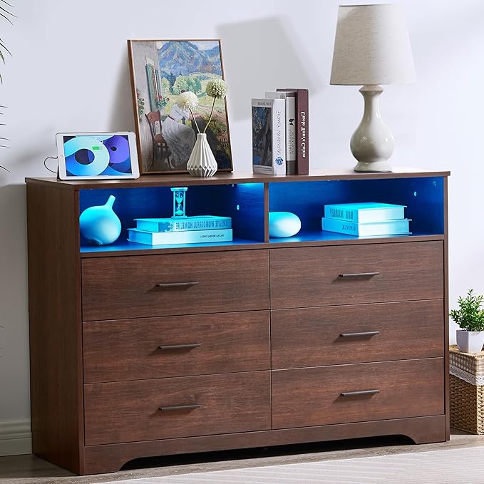 LIDYUK Dresser for Bedroom, Wood Dresser with 6 Drawers, Modern Minimalist Dressers & Chest of Drawers with Charging Station & LED Lights, 48 Inches TV Stand for Bedroom, Living Room, Dark Cherry