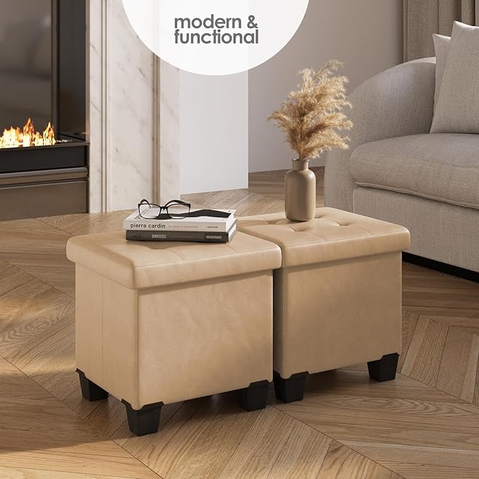 STORAGEBUD Storage Ottoman Cube with Small Bin, 16-in Square Ottoman with Storage for Living Room and Bedroom, Small Ottomans Foot Rest, Faux Leather Foot Stools Ottomans Max 330lbs, Taupe