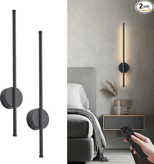 Battery Operated Modern Wall Sconces, Dimmable Wireless Wall Light Set of Two with Remote Control, 3 Color Temperatures, Rechargeable LED Wall Sconce for Bedroom, Living Room, Hallway, 23.6 Inch Black