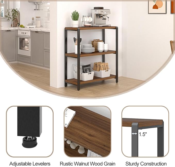 FOLUBAN Small Bookshelf and Bookcase, 3 Tier Low Short Book Shelf, Industrial Metal and Wood Book Case for Living Room Bedroom, Rustic Walnut