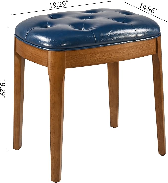 Solid Wood Button Tufted Vanity Stool, Ottoman Stool with Wood Legs & Padded Seat PU Leather Upholstered Piano Bench with Non-Slip Foot Pads Accent Stool for Bedroom Entryway, Blue