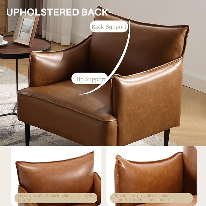 Mid Century Modern Accent Chair Armchair, Brown PU Leather Living Room Chair Sofa Lounge Chair with Metal Legs Reading Chair with Armrest for Bedroom Office Apartment