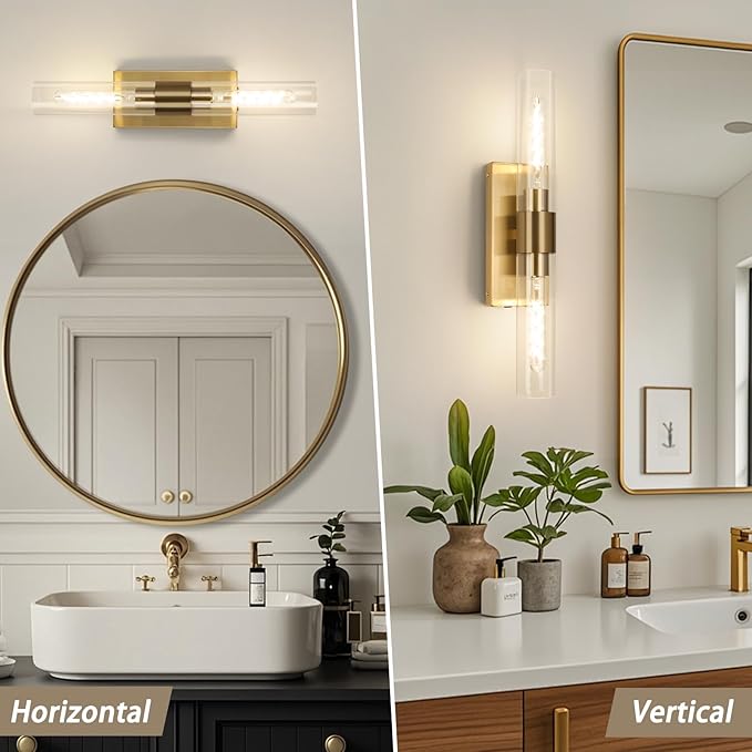 Brass Wall Sconce Set of Two, Battery Operated Wall Sconce, Gold Wall Lamp with Remote Controls, Indoor Non-Hardwired Bedside Wall Sconces, Gold Vanity Light for Bedroom, Vanity, Hallway, etc