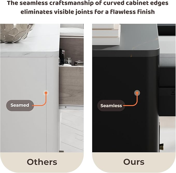 Fluted 6 Drawers Dresser for Bedroom, 54" Wide Modern Chest of Drawers with Faux Marble Top, Curved Profile Design, Solid Wood Legs, Wodden Dresser TV Stand, Storage Organizer for Bedroom, Black