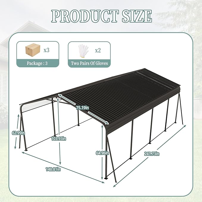 12x20 FT Metal Carport, Heavy Duty Car Port Canopy with Galvanized Steel Roof & Frame, Large Metal Carport Kit, Steel Car Shelter, Outdoor Car Garage for Car, Boat, Truck, Dark Gray