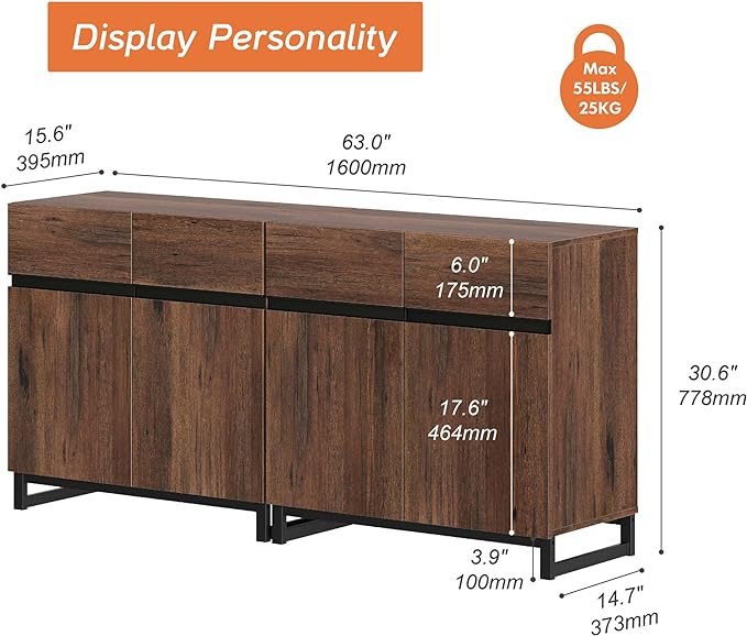 WAMPAT Modern TV Stand for 75-110 Inch TVs, Wooden Entertainment Center TV Console with Metal Base and Adjustable Shelves for Living Room, Bedroom, 63 Inch, Brown