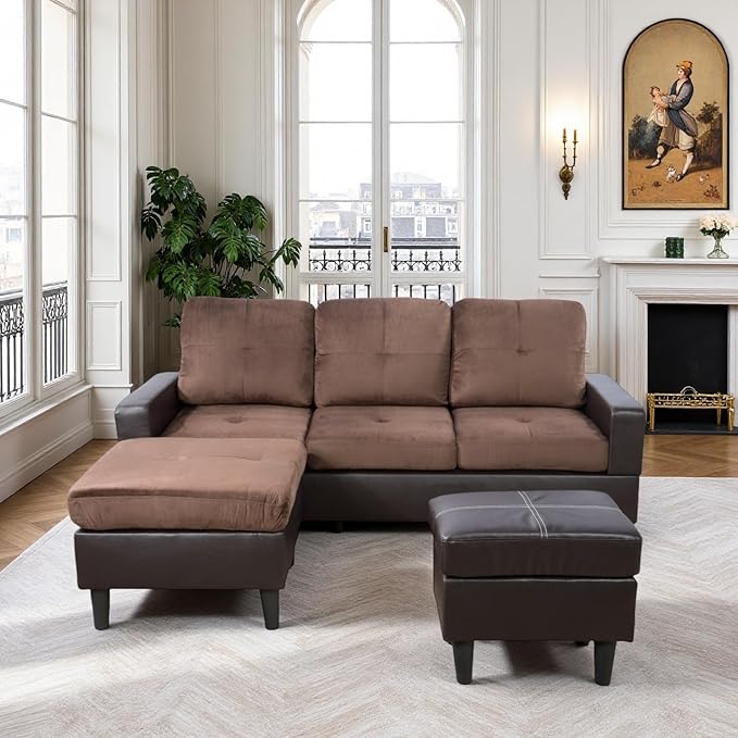 L Shaped Sofa with Ottoman, Modern Faux Leather Couch with Chaise, 3 Seat Living Room Sofa Set with Solid Wood, for Home, Apartment, Study Room, Brown Chocolate