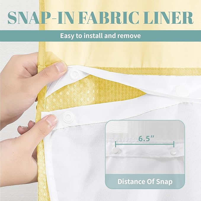 Yellow No Hook Waffle Weave Shower Curtain with snap-in Liner Replacement, 230GSM Waterproof Fabric Hotel Shower Curtain Set for Bathroom, Through Mesh Top Window,71Wx77H