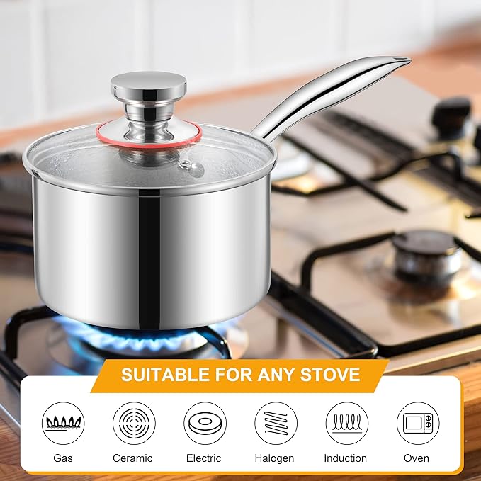 LIANYU 1QT Saucepan, Tri-Ply 18/10 Stainless Steel Sauce Pan with Lid, 1 Quart Cooking Pot for Pasta Soup, Small Induction Cookware with Ergonomic Handle, Heavy Duty, Dishwasher Safe