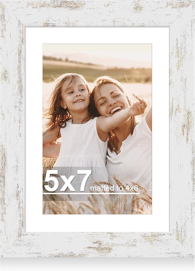 5x7 Picture Frame with Glass, Display Pictures 4x6 with Mat or 5 x 7 without Mat - Wall and Tabletop, 5 by 7 Photo Wooden Frames (Distressed White, 1 Pack)
