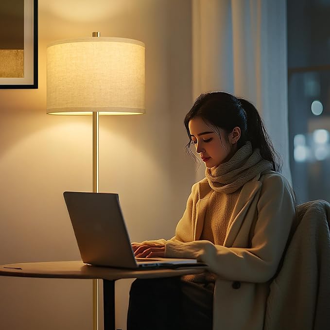 Oneach 61” Modern Floor Lamp for Living Room, Gold Standing Lamp with Natural Linen Lampshade, Rustic Industrial Corner Floor Lamp with Rotary Switch for Bedroom, Study Room, Dining Room