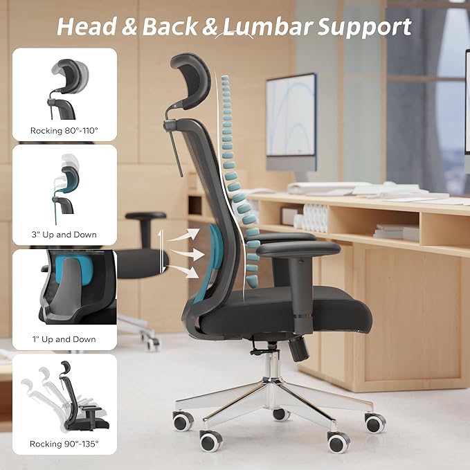 Ergonomic Office Chair, Mesh Desk Chair with Adjustable Headrest and 2D Armrest，Computer Chairs with Lumbar Support, Big and Tall Office Chair 400lbs, Large (01black)