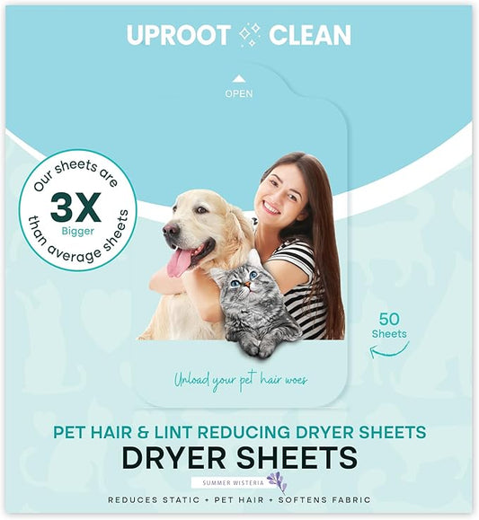 Uproot Clean Dryer Sheets Pet Hair Reducing - Pet Hair Remover for Laundry - Breaks Static Bonds and Prevents Dog and Cat Fur from Sticking to Clothes - Softens, Freshens, & Reduces Wrinkles - 50ct