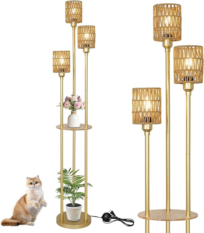 Boho Floor Lamp with Shelves, 3-Lights Farmhouse Tall Floor Lamp with ON/Off Foot Switch, Gold Modern Floor Lamps with Rattan Shades, Rustic Standing Lamp for Living Room, Bedroom, Office