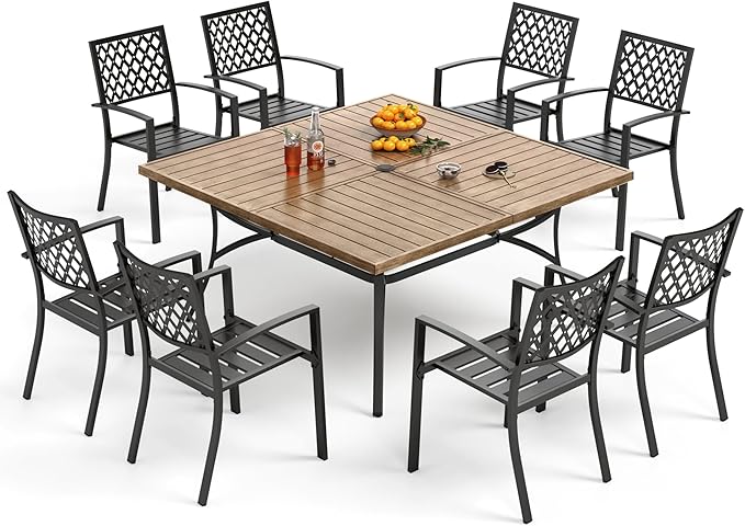 PHI VILLA 9-Piece Outdoor Dining Set, Retangualr Metal Table (60") with Umbrella Hole and 8 Stackable Dining Chairs – Perfect for Patio, Garden, Deck, Porch, and Yard, 9PCS Outdoor Dining Set Style 1