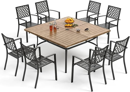 PHI VILLA 9-Piece Outdoor Dining Set, Retangualr Metal Table (60") with Umbrella Hole and 8 Stackable Dining Chairs – Perfect for Patio, Garden, Deck, Porch, and Yard, 9PCS Outdoor Dining Set Style 1
