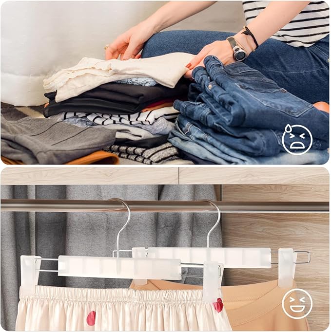 Clothes Pants Hangers, Space-Saving Skirt Holders with 360 ° Swivel Hooks, Adjustable Clips, Trouser Hangers, Clothes Coat Garment Jeans Hangers (30 Pack, Transparent)