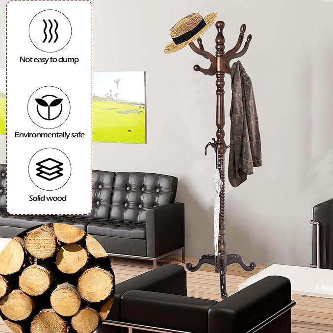 Coat Racks Free Standing with 14 Hooks, Natural Wood Coat Stands for Entryway, Adjustable Height 73 in Tree Coat Rack Stand for Hallway Home Office Bedroom (Dark Brown Triangle)