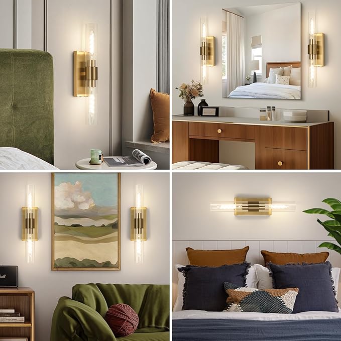 Brass Wall Sconce Set of Two, Battery Operated Wall Sconce, Gold Wall Lamp with Remote Controls, Indoor Non-Hardwired Bedside Wall Sconces, Gold Vanity Light for Bedroom, Vanity, Hallway, etc