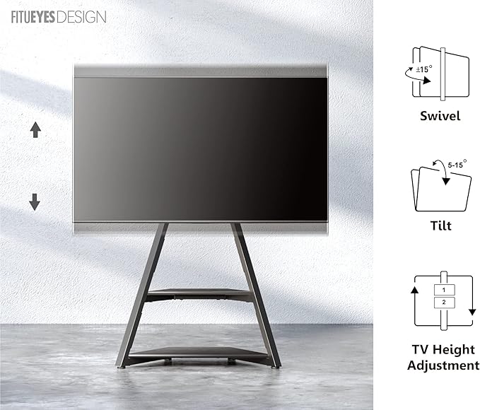 FITUEYES Design Corner TV Stand for 32 43 50 55 65 Inch TVs, Small Spaces Floor TV Stand Rolling TV Cart for LCD/LED Flat Curved Screens, Modern Living Room Television Stands, Eiffel Series, Black