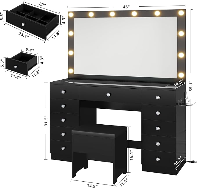 IRONCK 46'' Makeup Vanity Set with LED Mirror & Power Outlet - 11 Drawers, Glass Top, Hair Dryer Rack, Dressing Table with Storage Bench for Bedroom, 3 Lighting Color Adjustable, Black