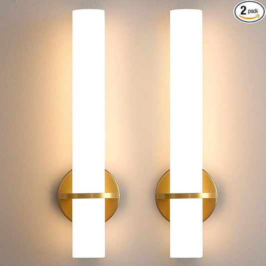 Gold Wall Sconces Set of Two - 18 inch Dimmable Modern Sconces Wall Lighting 18W 3000K LED Wall Lights Acrylic Lampshade Hardwired Wall Light Fixtures for Living Room Bedroom Bathroom Hallway