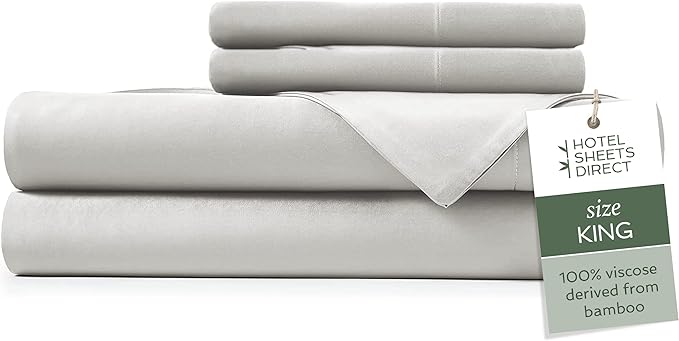 Hotel Sheets Direct 4 Piece Bed Sheet Set King Size, 100% Viscose Derived from Bamboo Sheets Set with 2 Pillowcases, Cooling & Breathable Luxury Bedding, Moisture-Wicking & Silky Soft, Light Gray