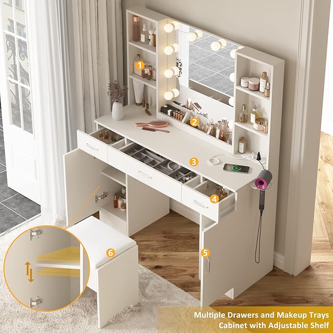 Vabches Makeup Vanity Table with Lighted Mirror & Power Strip, Large Vanity Set Vanity Desk with Lots Storage, 3 Lighting Modes, Brightness Adjustable, 45.2in(L)
