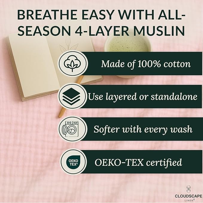 Extra Large 4 Layer Muslin Throw Blanket, 100% Cotton Blanket for Couch, Bed,Sofa, Home Decor,Pre-Washed Gauze, Best Summer Blanket, 50x70, Seashell Pink