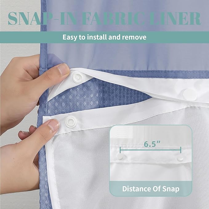 MoonLightBlue No Hook Waffle Weave Shower Curtain with snap-in Liner Replacement, 230GSM Waterproof Fabric Hotel Shower Curtain Set for Bathroom, Through Mesh Top Window,71Wx77H