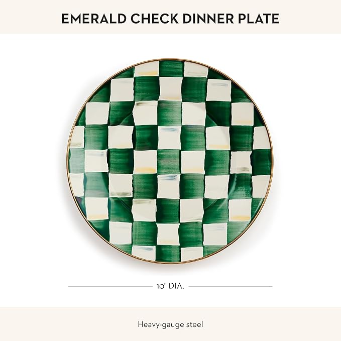 MACKENZIE-CHILDS Enamel Dinner Plate, Decorative Dinnerware Plate, 10 Inches, Green-and-White Emerald Check