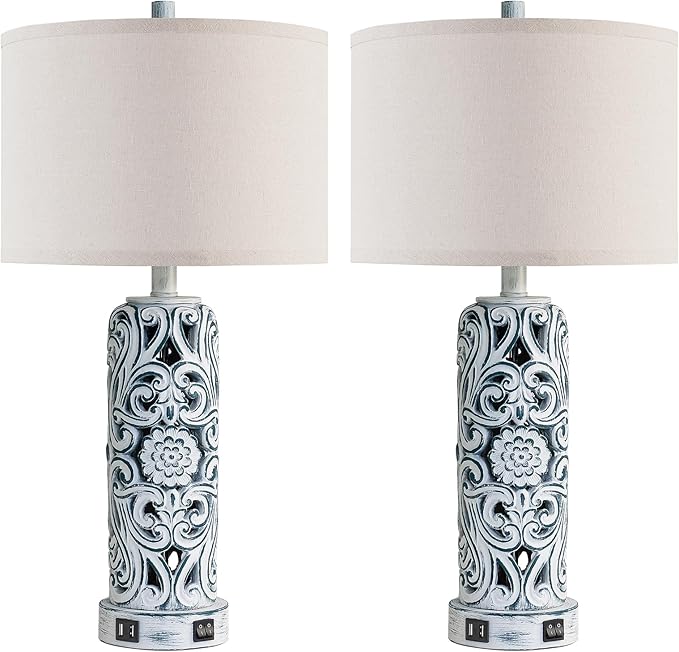 25'' Vintage Coastal Table Lamp Bedside Lamps Set of 2, Farmhouse Table Lamps with Dual USB Ports for Bedroom, Wash Blue Hollow Out Resin Lamp with Nightlight for End Table, 2 Bulbs Included