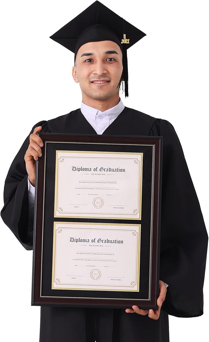 GraduatePro Dual Diploma Frame 14"x20" for Two 8.5"x11" Certificates/Pictures with Double Mat Black Over Gold, UV Protection Acrylic, Professional Mahogany Wooden Finish Gold Beads