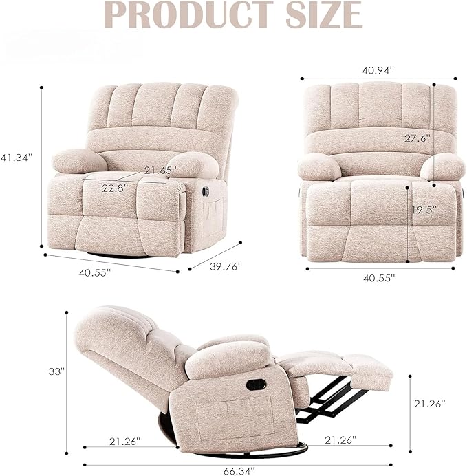 Oversized Rocker Recliner Chair, 360°Swivel Nursery Rocking Chairs with Adjustable Backrest Footrest, Oversized Recliner for Adults, Cashmere Reclining Sofa for Living Room, White
