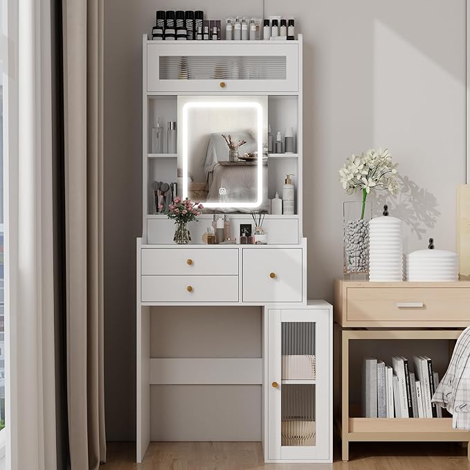 ARTETHYS Small Vanity Desk with Sliding Mirror and Lights White Makeup Vanities Set with Drawers Compact Dressing Table with Cabinet and Adjustable Shelves for Bedroom